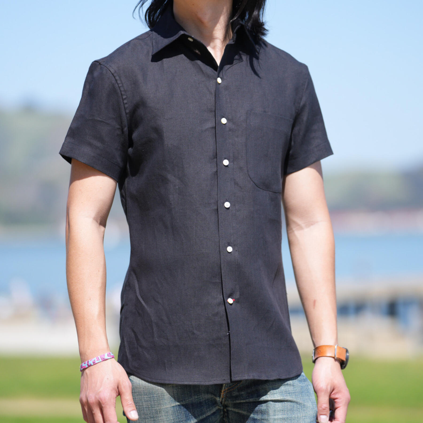 gustin #1125 rustic slub linen shirt - black
