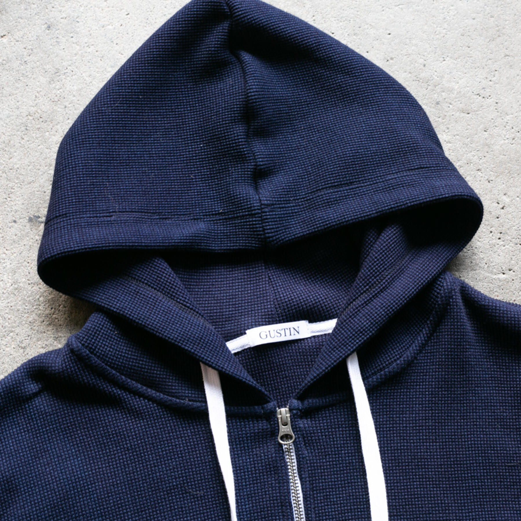gustin indigo dyed waffle zip hoodie