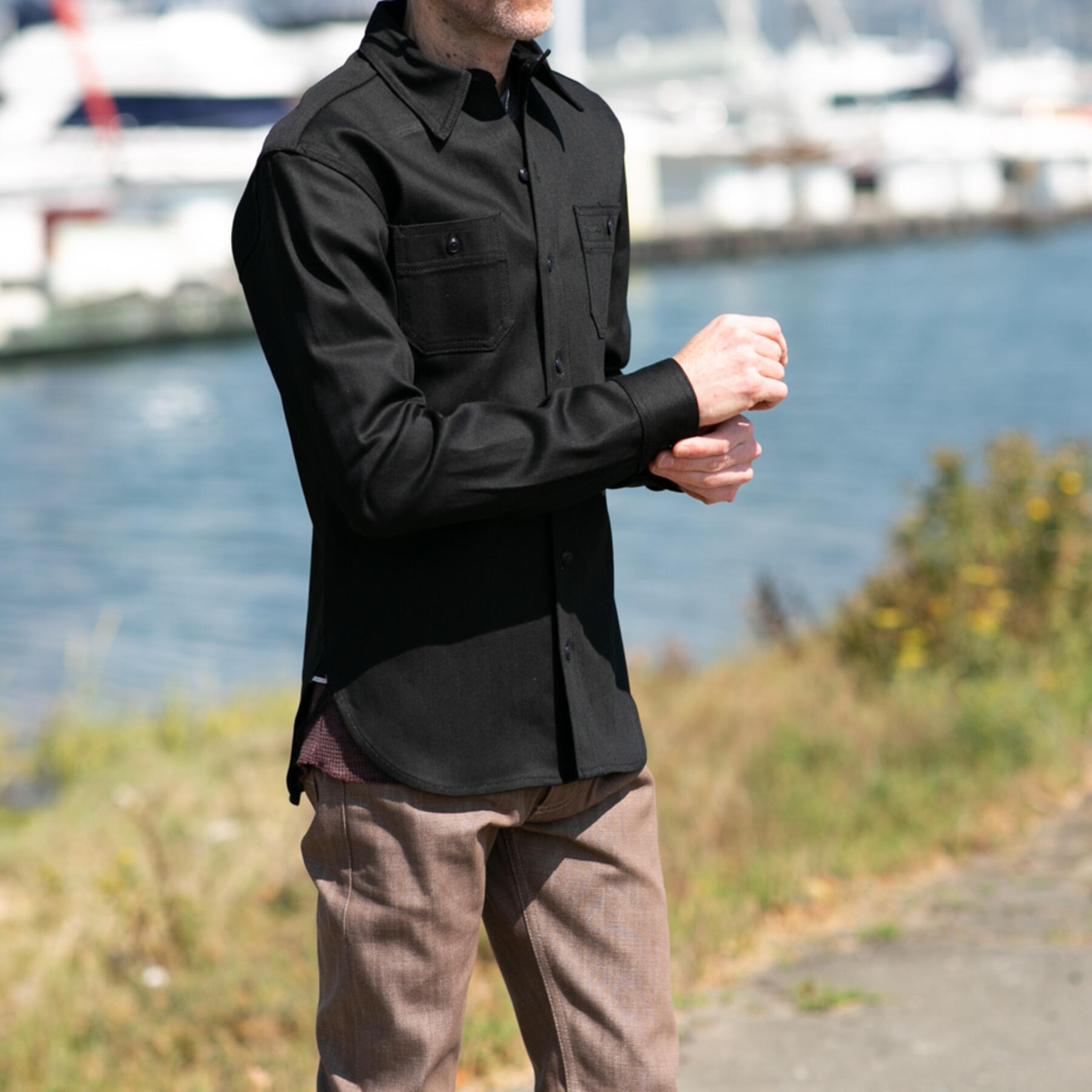 gustin #155 black x black stretch selvedge workshirt
