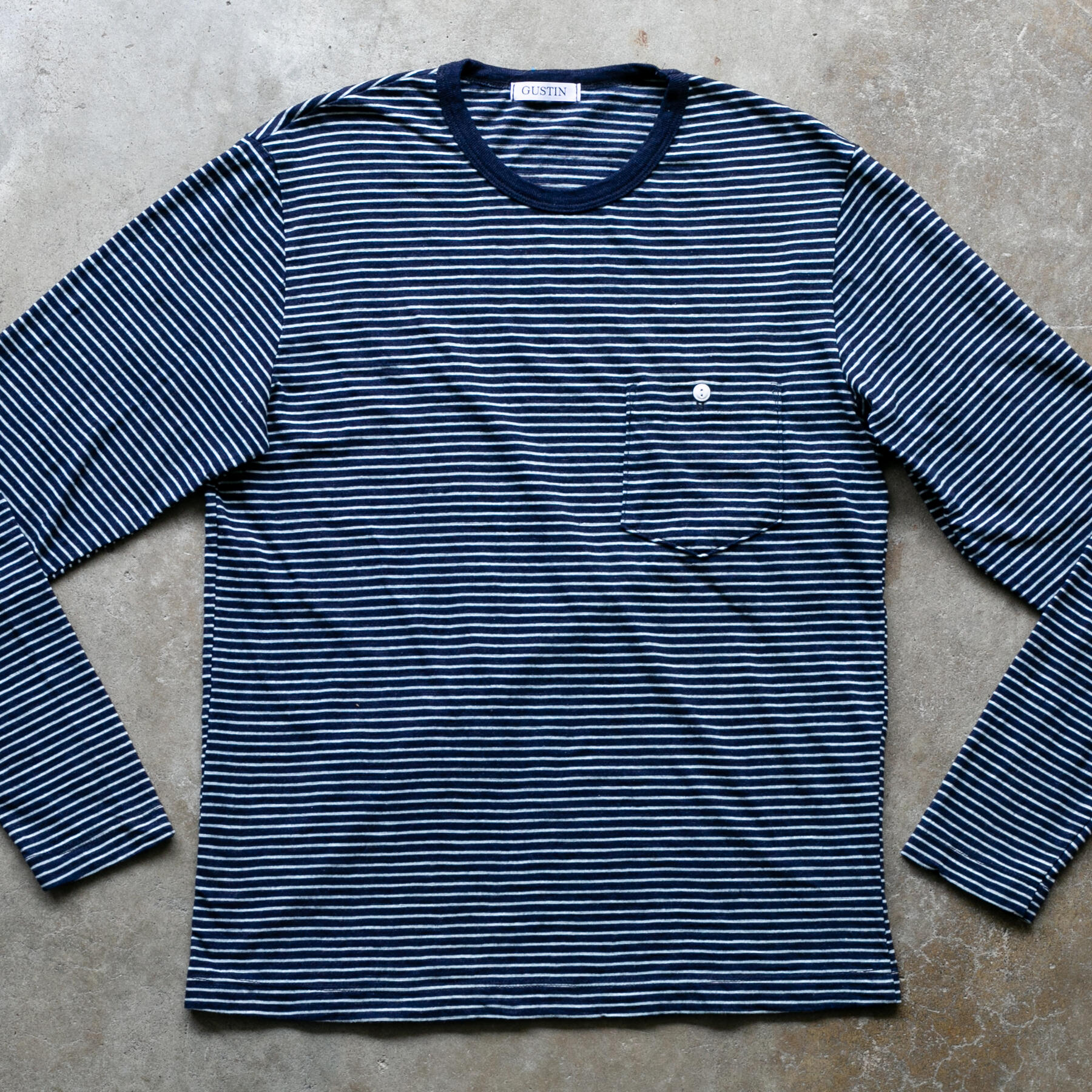 gustin dark indigo stripe pocket crew