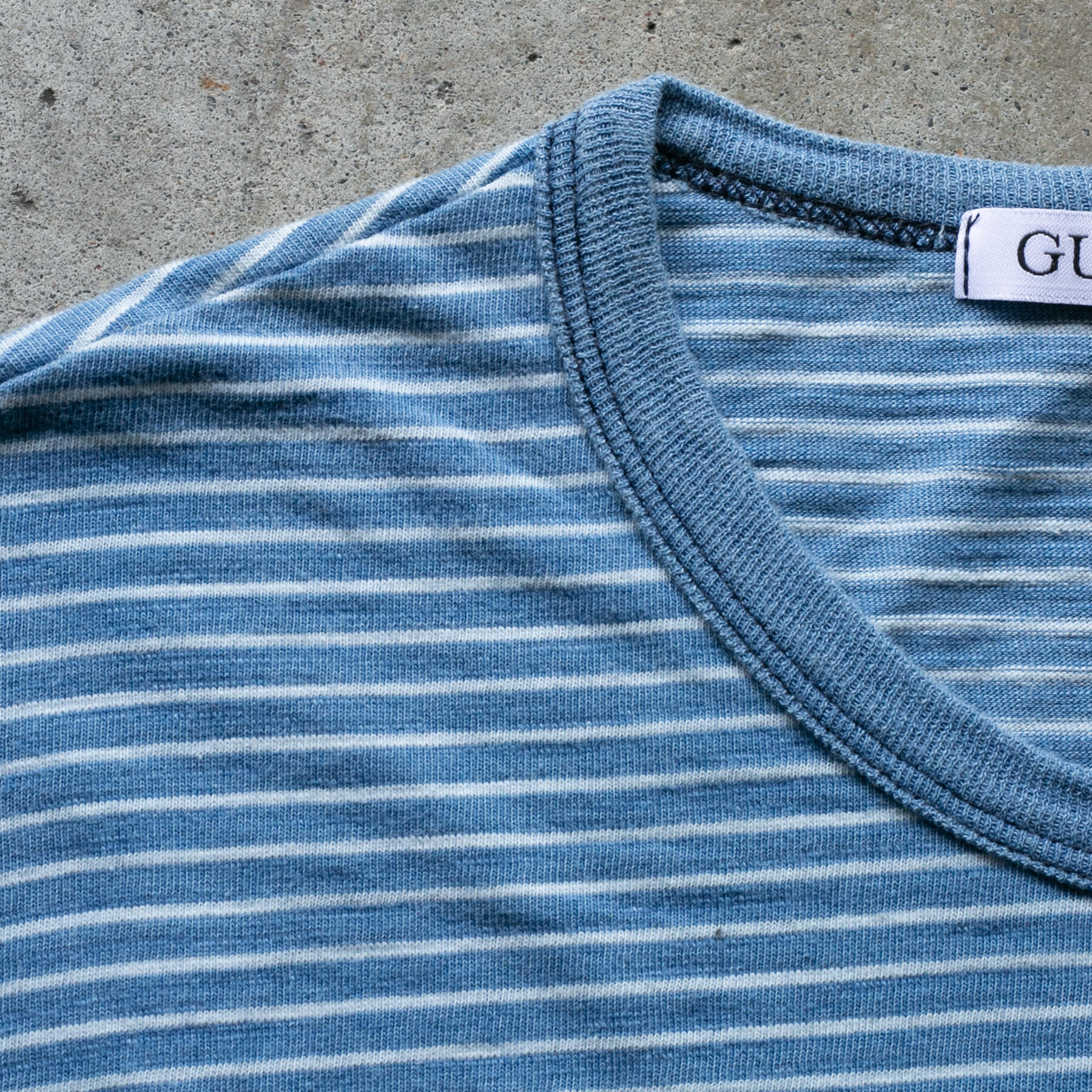 gustin vintage indigo stripe pocket crew
