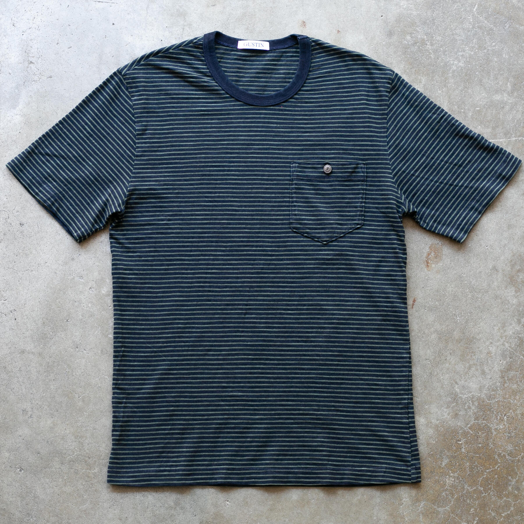 gustin overdye indigo stripe pocket t-shirt - forest