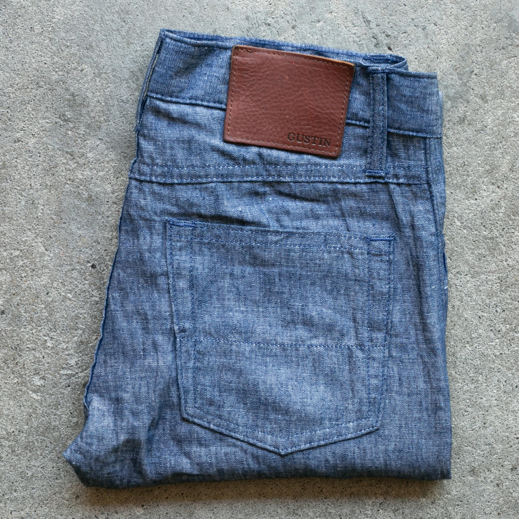 gustin #409 linen 100 indigo chambray 5 pocket