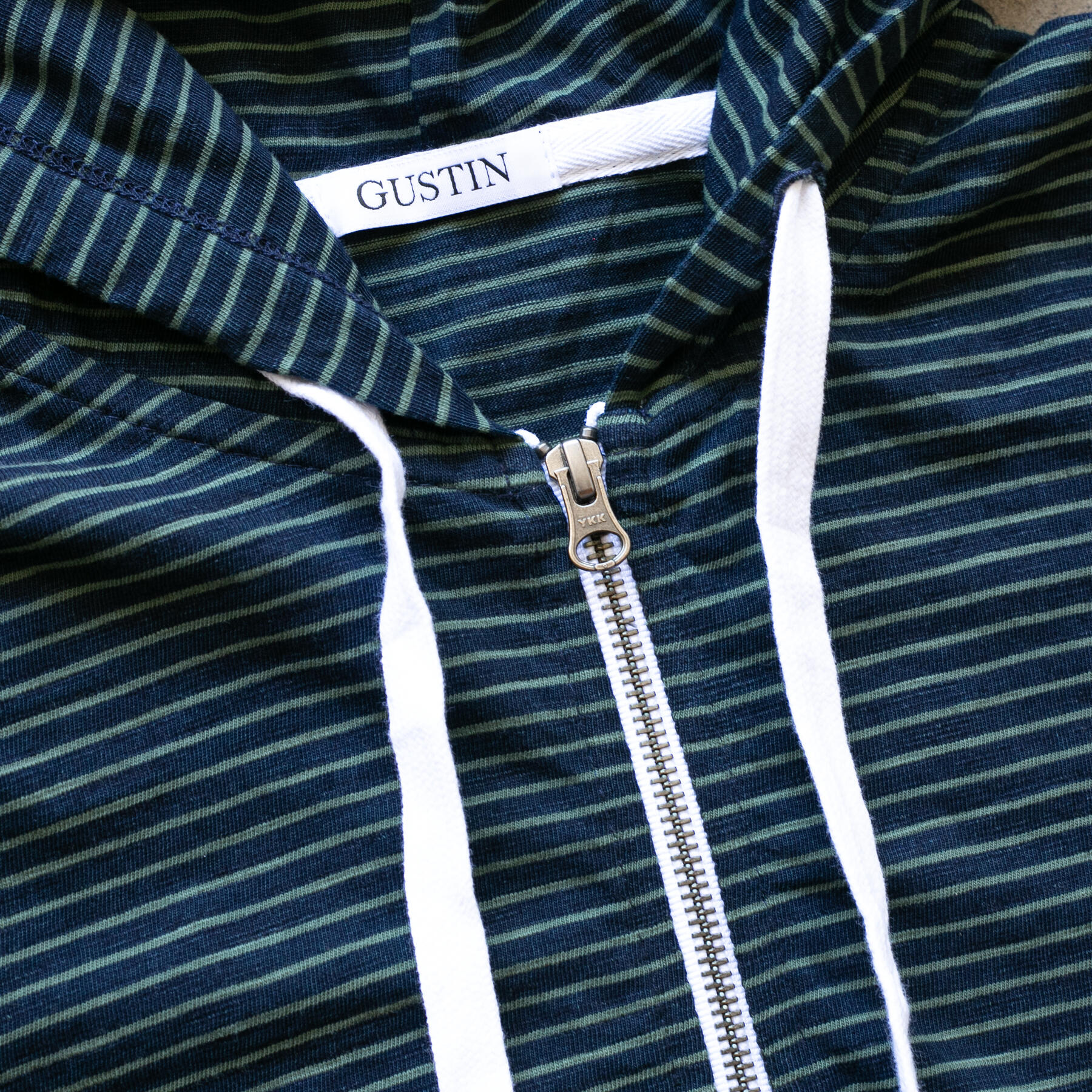 gustin overdye indigo stripe zip hoodie - forest