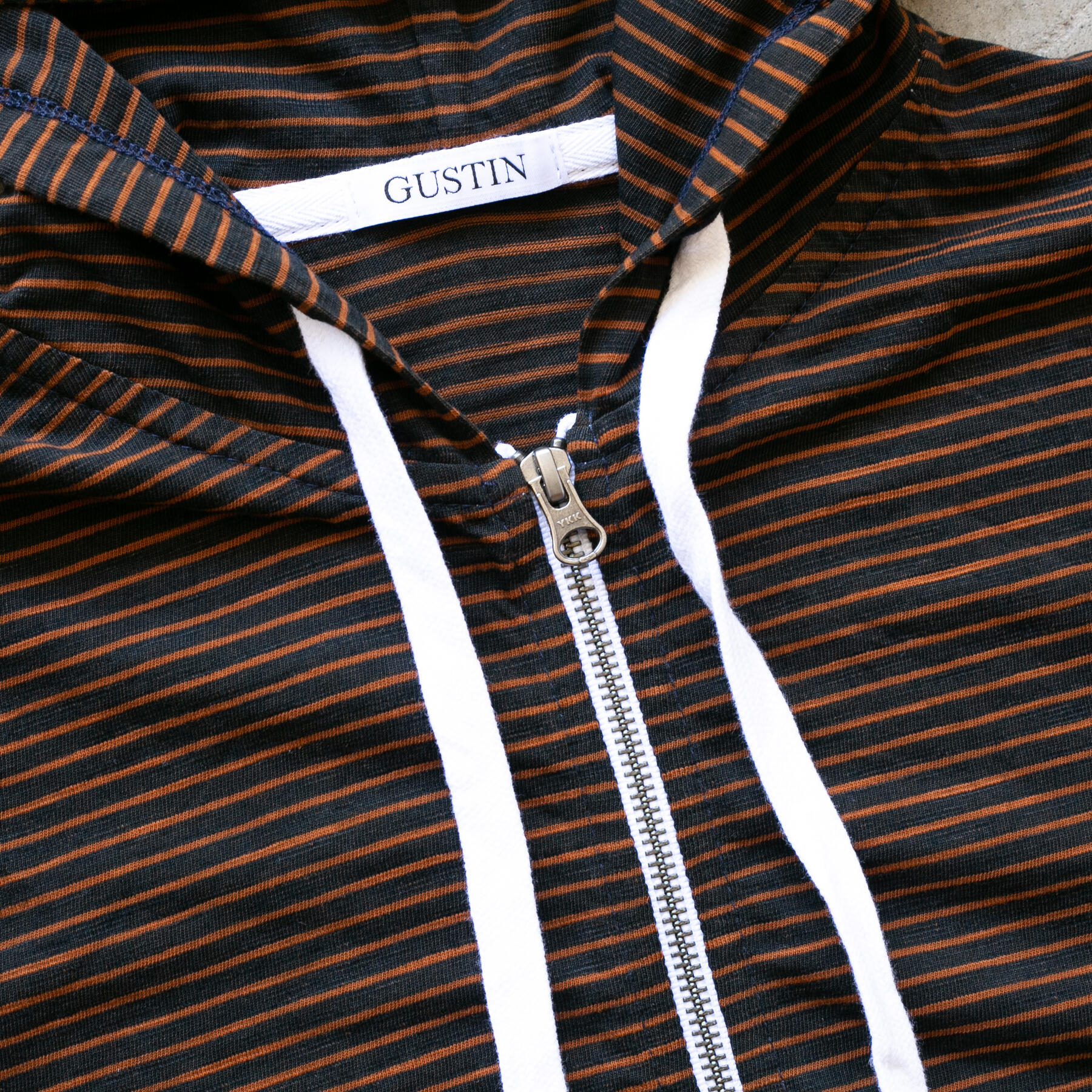 gustin overdye indigo stripe zip hoodie - burnt orange