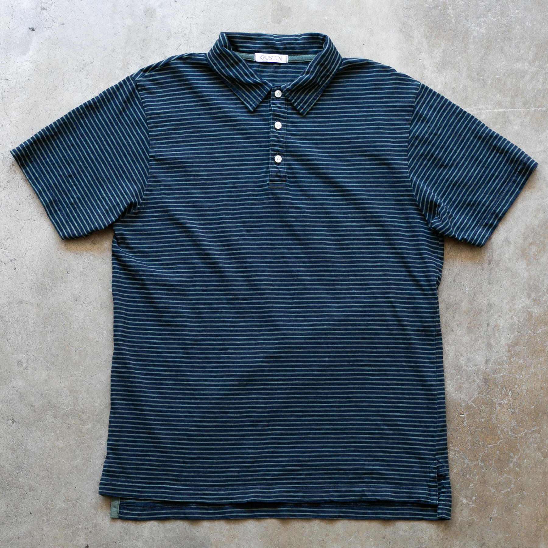gustin overdye indigo stripe polo - forest