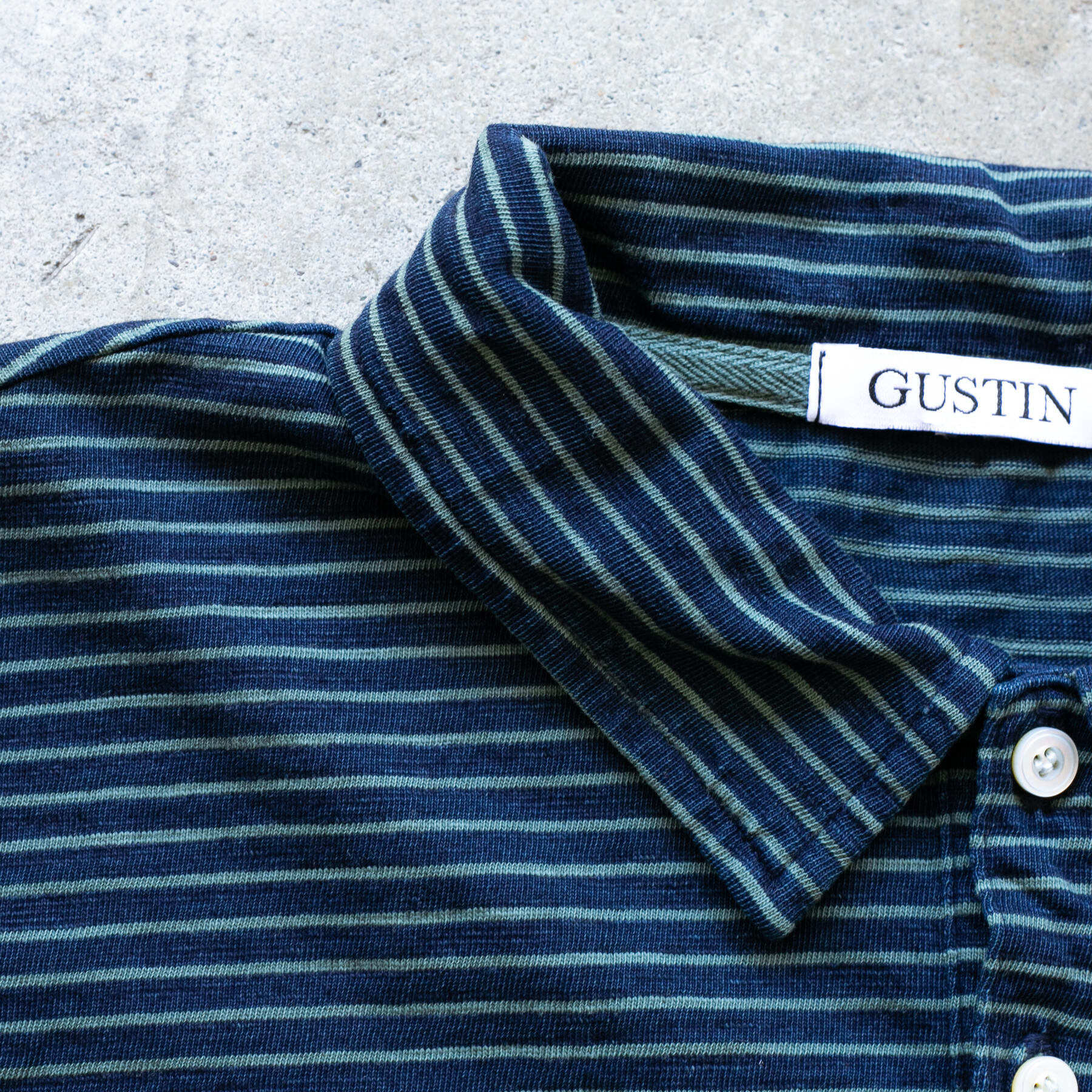 gustin overdye indigo stripe polo - forest