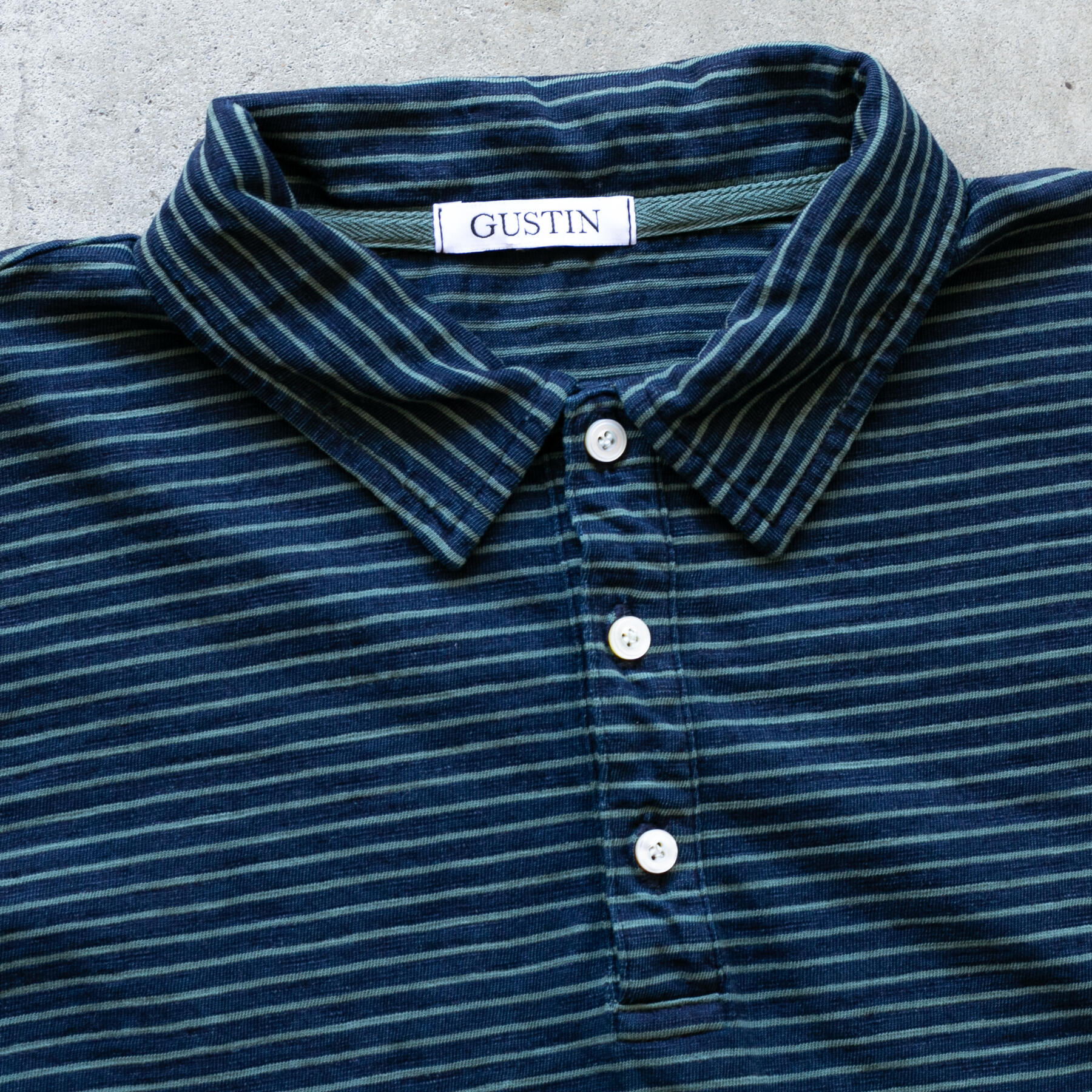 gustin overdye indigo stripe polo - forest