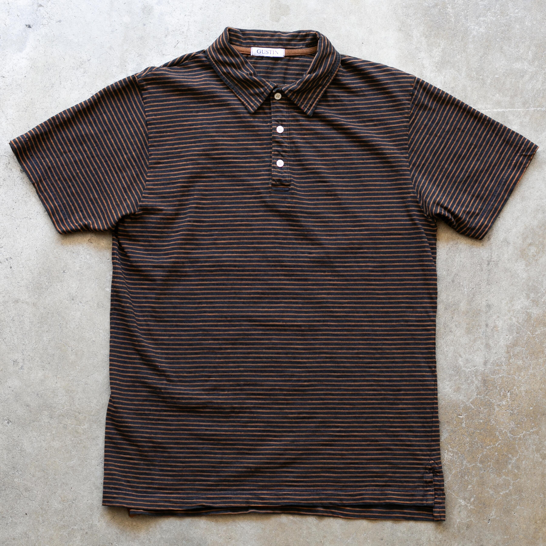 gustin overdye indigo stripe polo - burnt orange