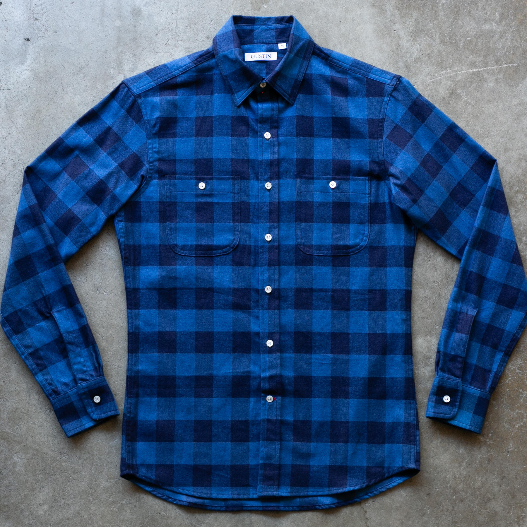 gustin #1283 indigo dye flannel check - dark x cobalt