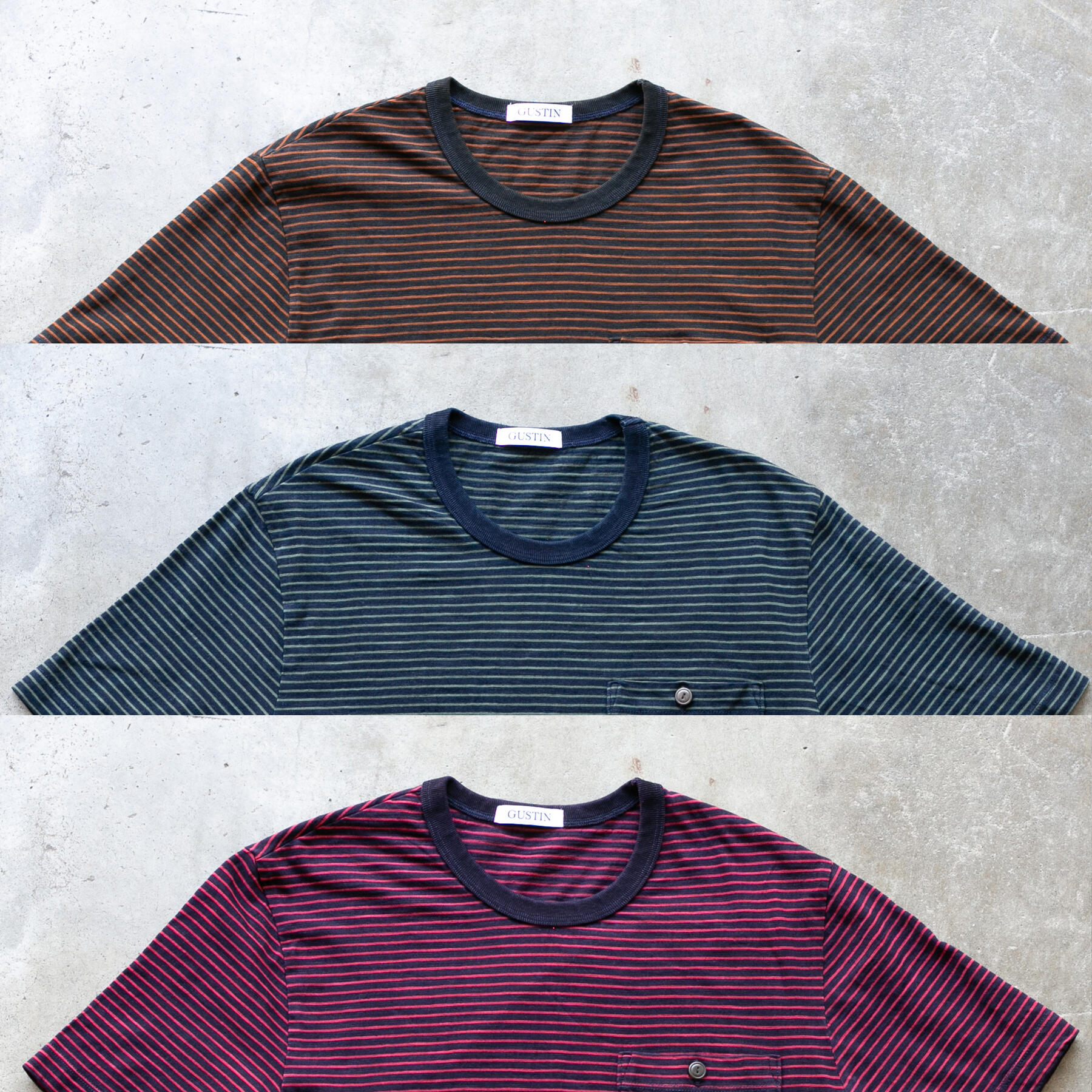 gustin overdye indigo stripe pocket t-shirt 3 pack