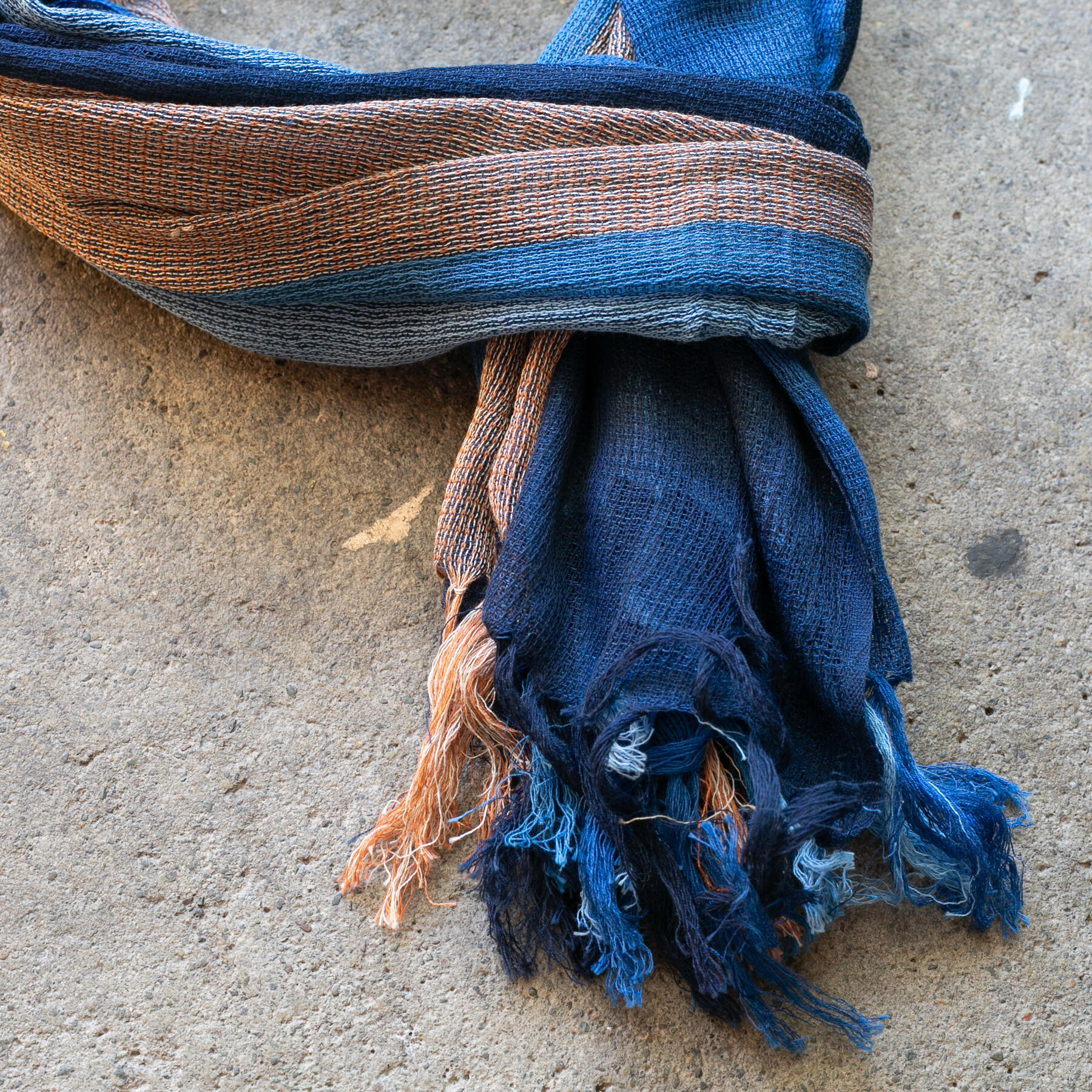 gustin japan persimmon indigo stripe hand dyed selvedge scarf