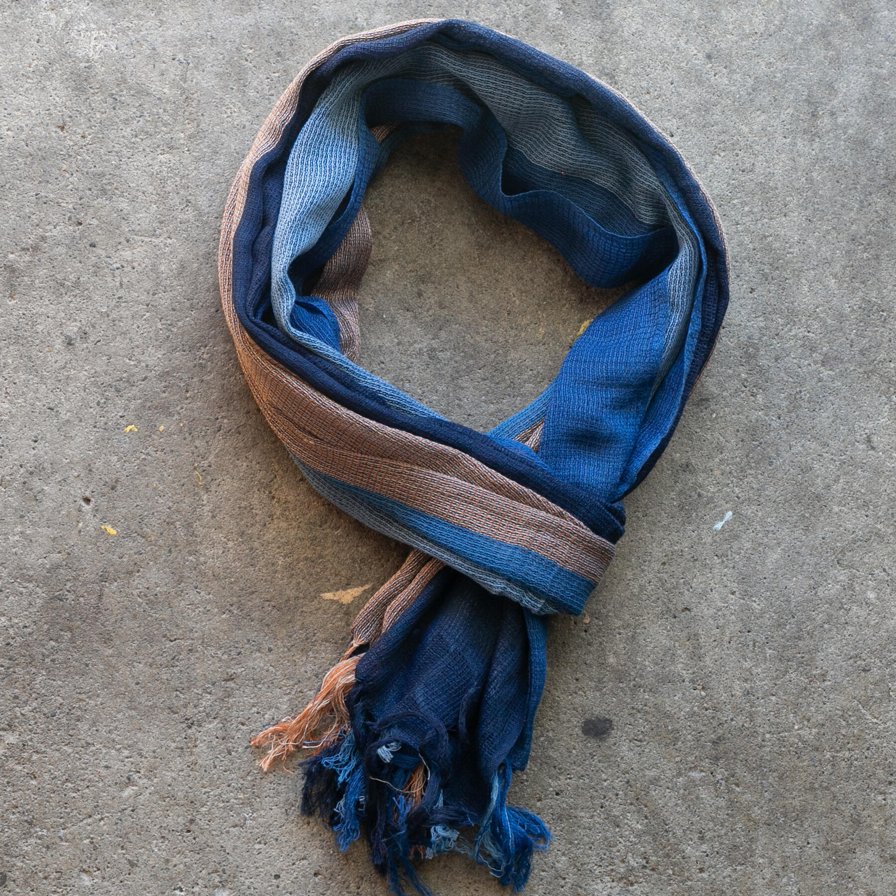 gustin japan persimmon indigo stripe hand dyed selvedge scarf