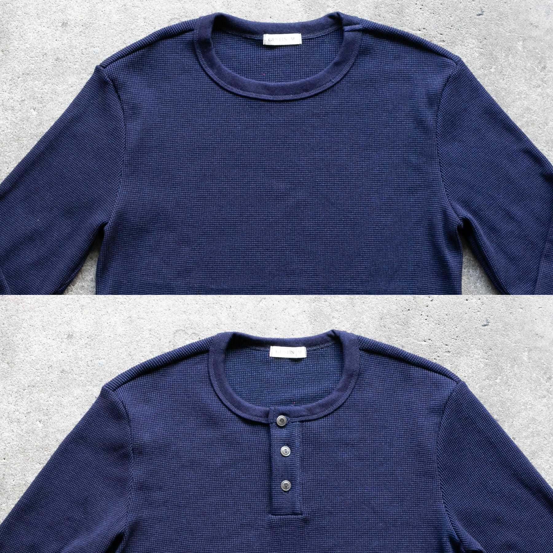 gustin indigo dyed waffle 2 pack (crewneck, henley)